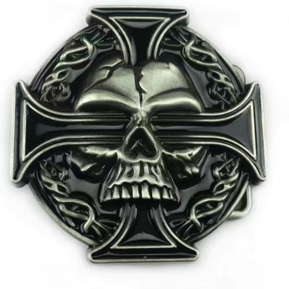 New men's skull and cross belt buckle black cross